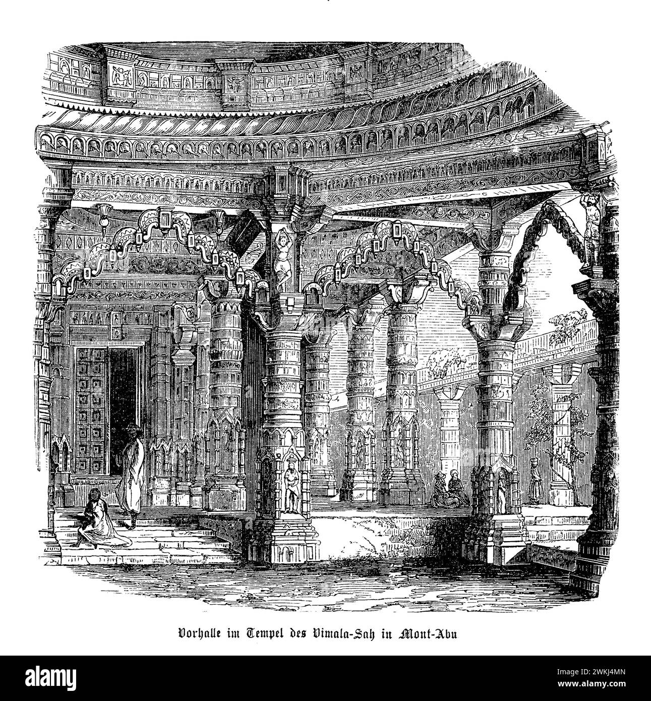 Die Eingangshalle des Vimala Vasahi-Tempels in Mount Abu ist ein atemberaubendes Beispiel für Jain architektonische Brillanz. Der im 11. Jahrhundert errichtete Tempel (oder Mandapa) empfängt Besucher mit kunstvollen Schnitzereien und detaillierten Skulpturen, die das Leben und die Lehren von Adinatha, dem ersten Jain Tirthankara, zelebrieren. Der Saal ist mit Tafeln geschmückt, die Szenen aus Jain-Schriften darstellen, umgeben von einer Reihe wunderschön geschnitzter Säulen, die die Struktur stützen. Die akribische Handwerkskunst zeigt die Hingabe der Handwerker an ihre spirituellen Überzeugungen Stockfoto