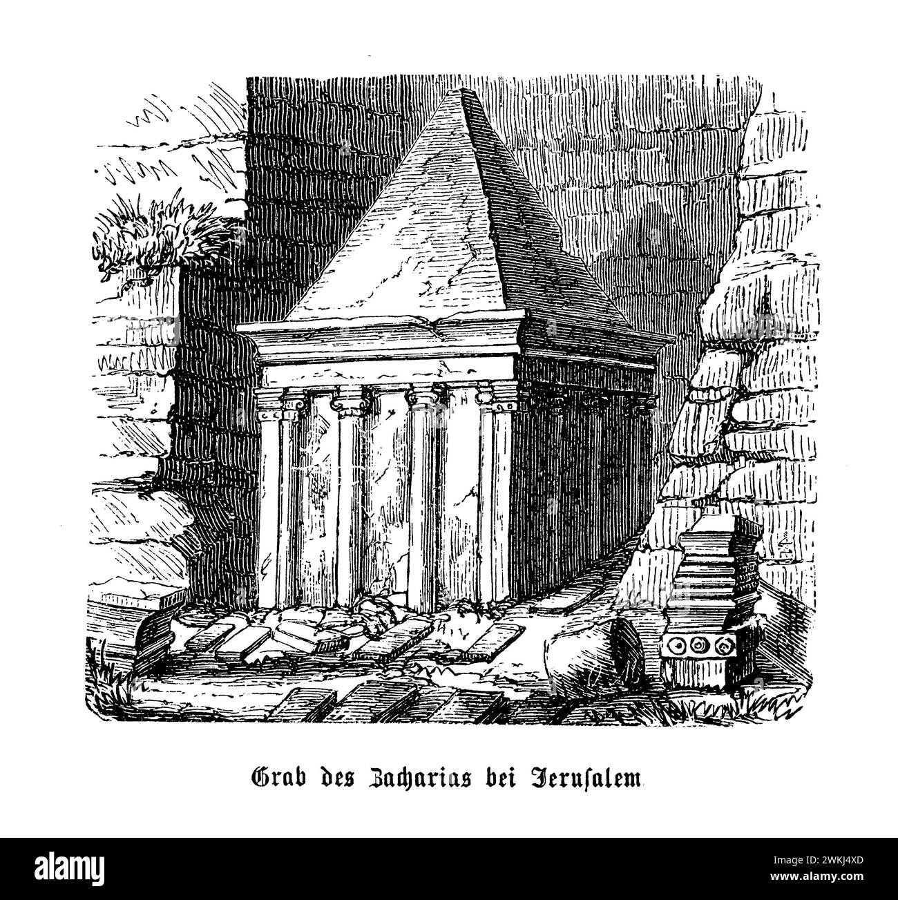 Das Grab von Sacharja, das feierlich im Kidron-Tal von Jerusalem steht, ist ein Zeugnis der reichen historischen und religiösen Wandteppiche der Stadt. Diese monolithische Struktur, die vollständig aus dem Grundgestein geschnitzt wurde, zeigt die einzigartigen Begräbnisbräuche und architektonischen Stile der Zeit des Zweiten Tempels. Trotz seiner Verbindung mit dem Propheten Sacharja dient das Denkmal eher als symbolische Darstellung der Begräbnispraktiken der Epoche als wörtliches Grab. Die kubische Basis, die mit ionischen Säulen und einem Fries verziert ist, trägt eine Pyramidenspitze, die die im jüdischen Stil vorherrschenden Designelemente widerspiegelt Stockfoto