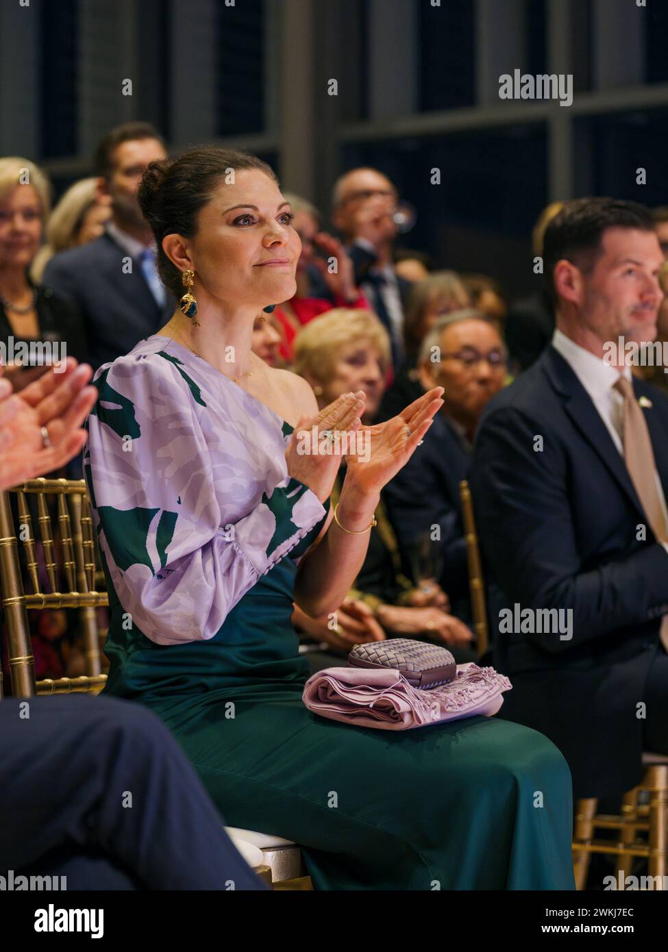 San Francisco, USA. Februar 2024. Königliche Hoheiten, die Kronprinzessin Victoria Ingrid Alice Désirée, Prinz Olof Daniel von Schweden, nahmen am 20. Februar 2024 am Eröffnungsempfang des neuen schwedischen Generalkonsulats in der Barbro Osher Recital Hall am San Francisco Conservatory of Music (SFCM) in San Francisco, CA, Teil. Teil der offiziellen schwedischen Königsreise in die Bay Area. (Foto: Skyler Greene/SIPA USA) Credit: SIPA USA/Alamy Live News Stockfoto