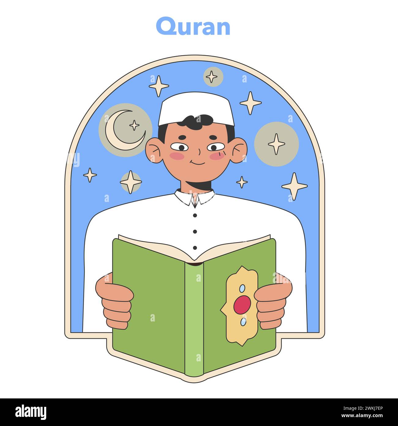 Abbildung des Quran-Lesens. Ein junger Muslim, der sich mit dem heiligen Text vor dem Hintergrund des Nachthimmels beschäftigt und Glauben und Lernen symbolisiert. Flaches Vektorbild. Stock Vektor