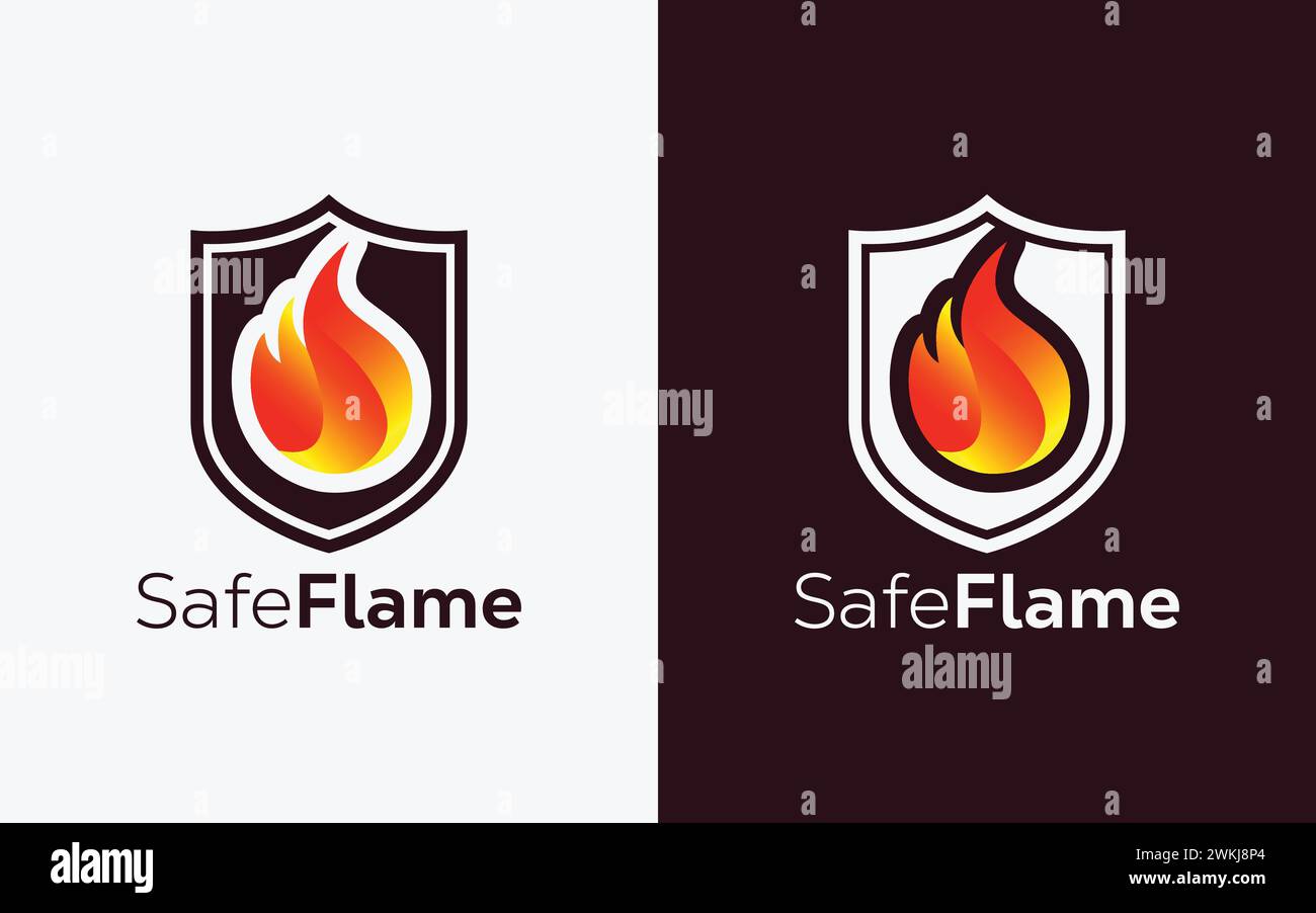 Minimalistisches Logo mit Brandflamme und Schildvektor. Modernes farbenfrohes Brandflamme und Vektorlogo. Safe Fire, Crest und Infiny Logo Stock Vektor