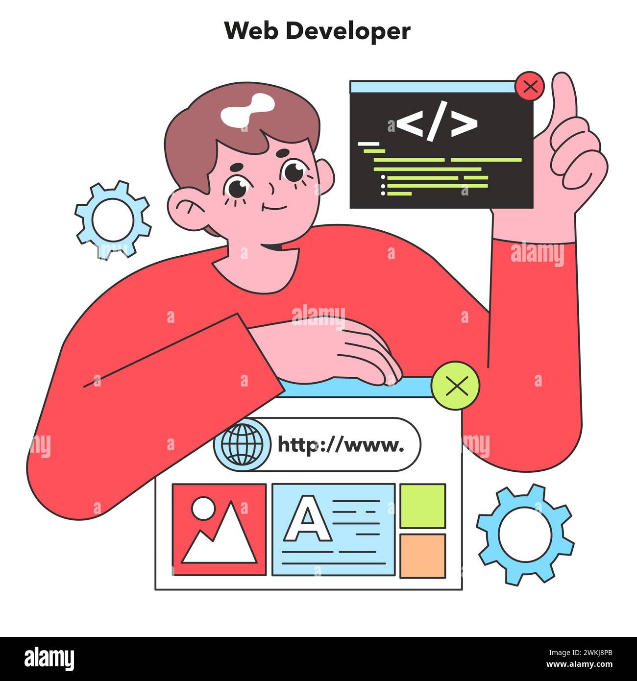 Ein Webentwickler erstellt fachkundig Code, den Baustein digitaler Bereiche, und stellt das kreative und technische Know-how in der IT-Webentwicklung vor Stock Vektor