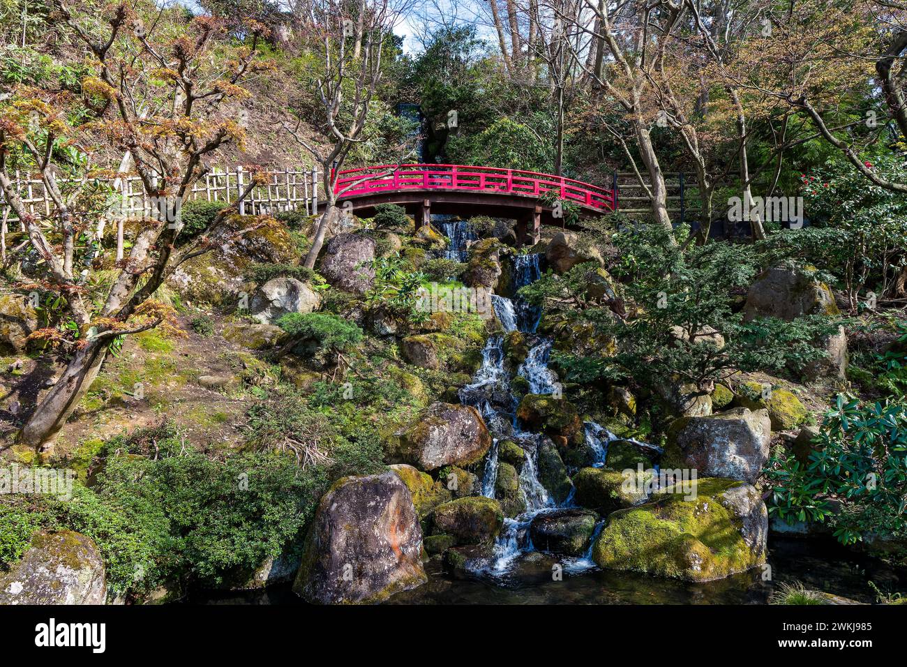 Wunderschöne traditionelle japanische rote Brücke und farbenfrohe Blätter während der Frühlingszeit der Kirschblüte Stockfoto