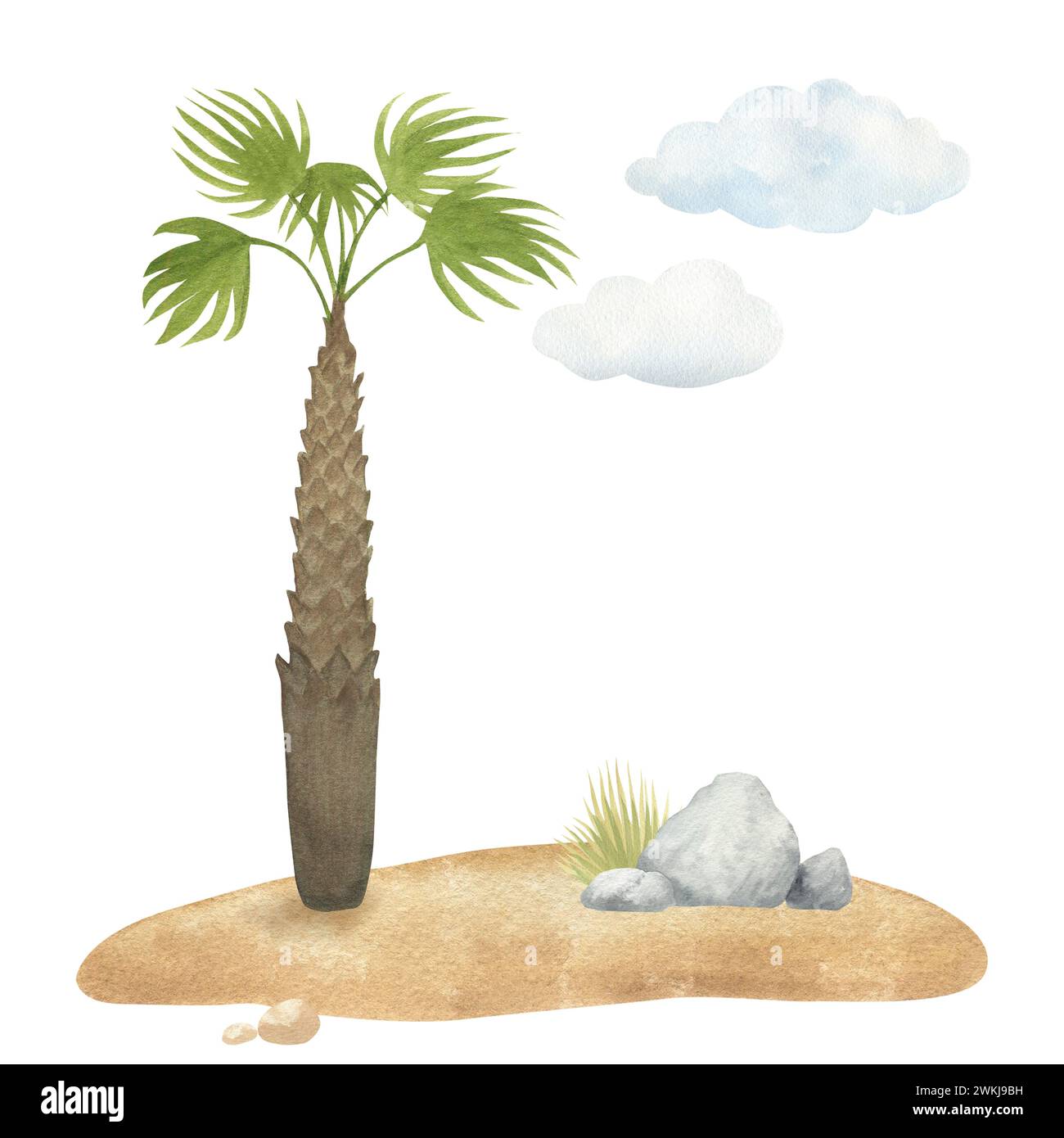 Aquarellillustration einer stilisierten Palme auf Sand, mit Wolken und Stein, isoliert. Für die Einrichtung, Kompositionen und Hintergründe des Kinderzimmers Stockfoto