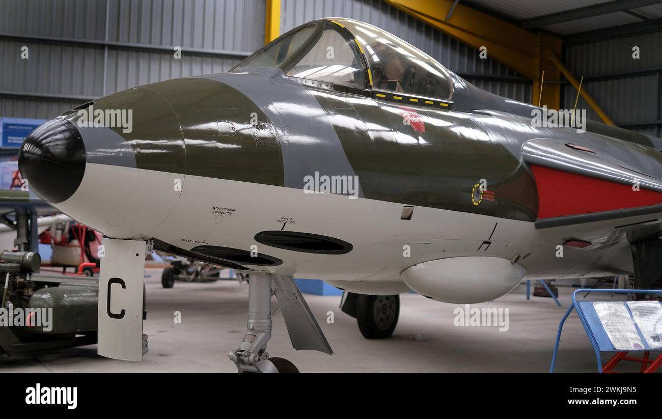 Die Hawker Hunter ist ein britisches Jet-Kampfflugzeug, das von Hawker Aircraft für die Royal Air Force entwickelt wurde. Stockfoto
