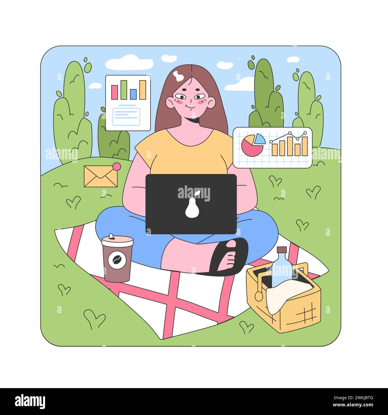 Konzept für den Außenbereich. Frau mit Laptop sitzt auf einer Picknickdecke in einem Park, inmitten schwimmender Geschäftsgrafiken, Kaffee und Lunchbox. Work-Life-Balance und Natur. Illustration des flachen Vektors. Stock Vektor