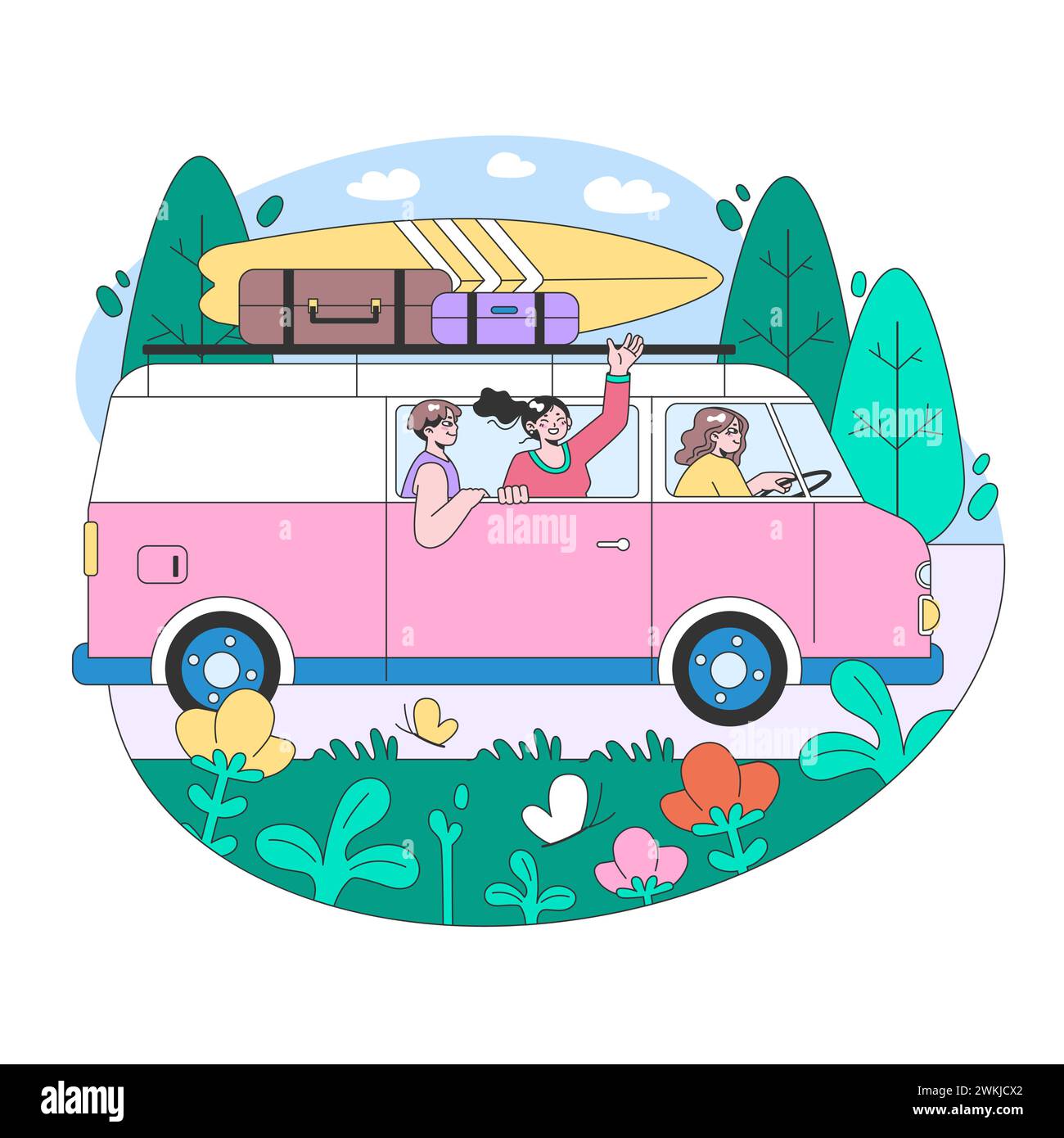 Roadtrip. Junge Leute oder Familie, die mit dem Auto in den Urlaub fahren. Charaktere, die im Auto fahren und gemeinsam die Welt bereisen. Illustration des flachen Vektors Stock Vektor