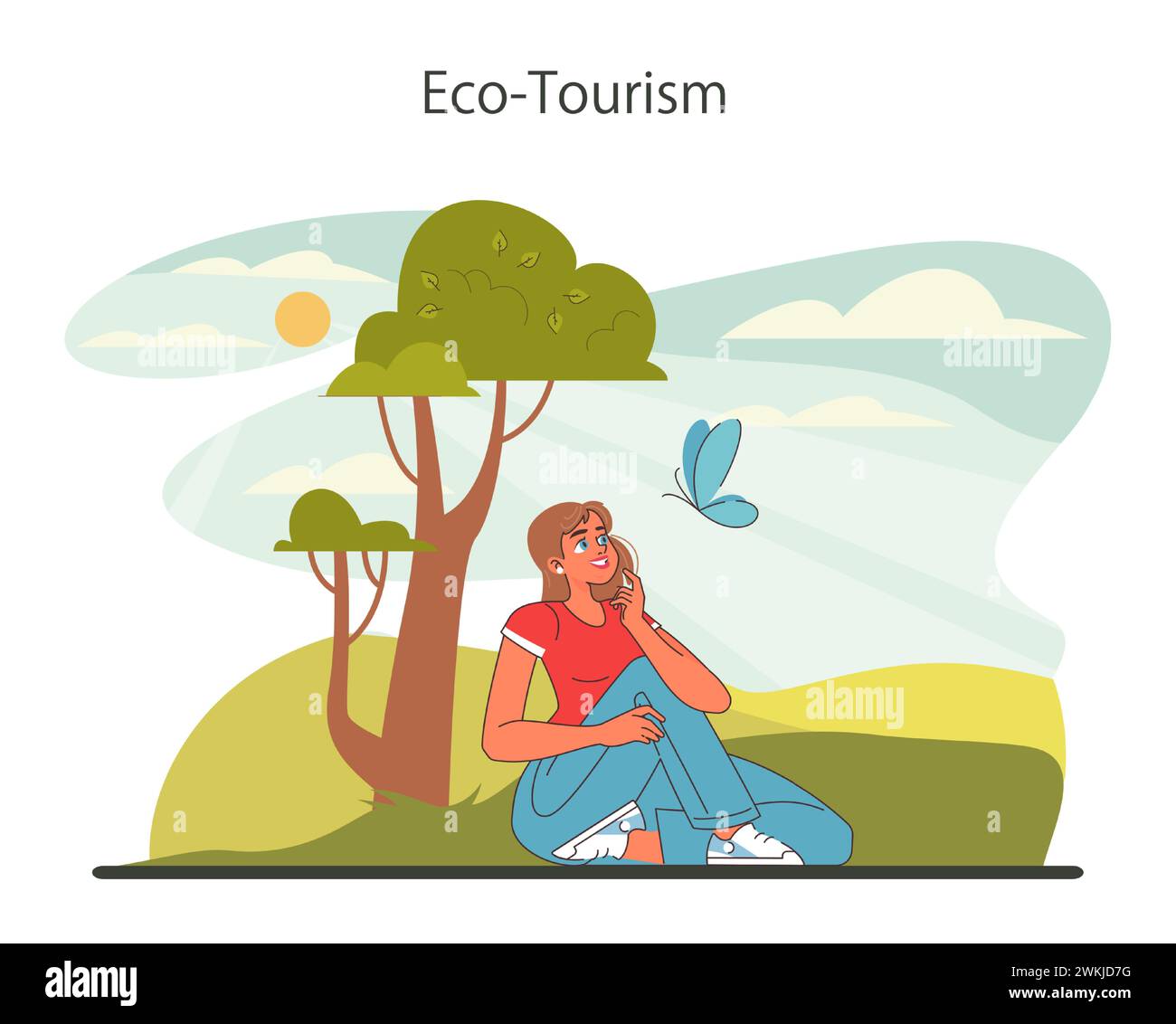 Nachhaltiger Tourismus. Ökotourismus, umweltfreundliche Erholung. Verantwortungsbewusstes, umweltfreundliches Reisen in der lokalen Gemeinschaft. Illustration des flachen Vektors Stock Vektor