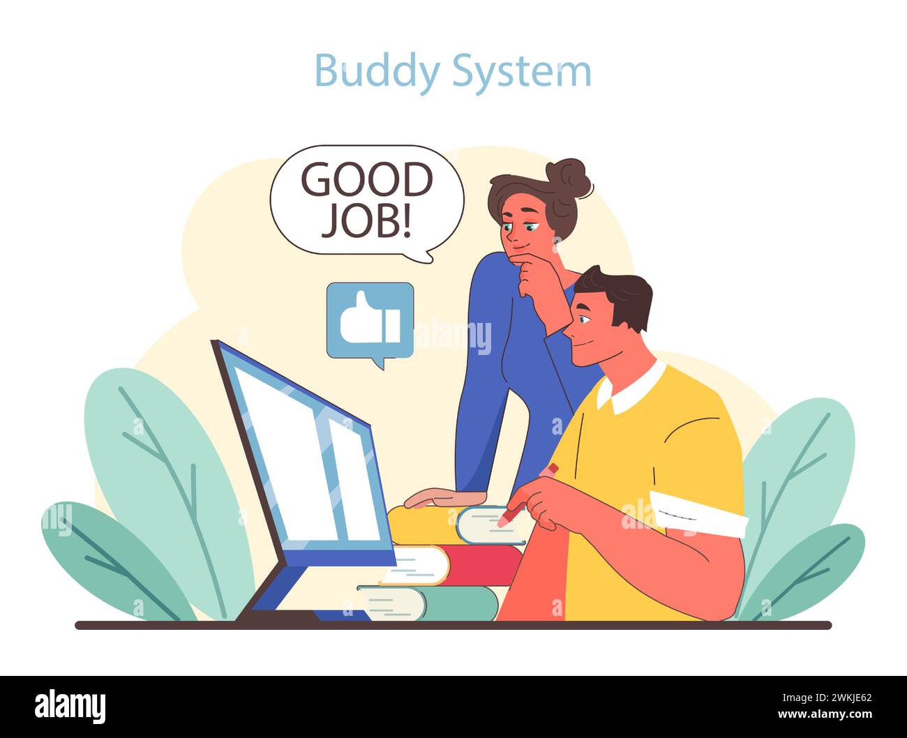 Buddy System Konzept. Mentor, der am Arbeitsplatz positive Unterstützung leistet. Zusammenarbeit in einer unterstützenden Umgebung. Illustration des flachen Vektors. Stock Vektor