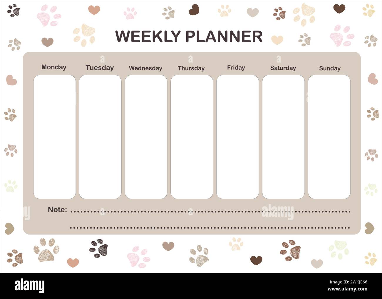 Wochenplaner mit Pfotenabdrücken Stock Vektor
