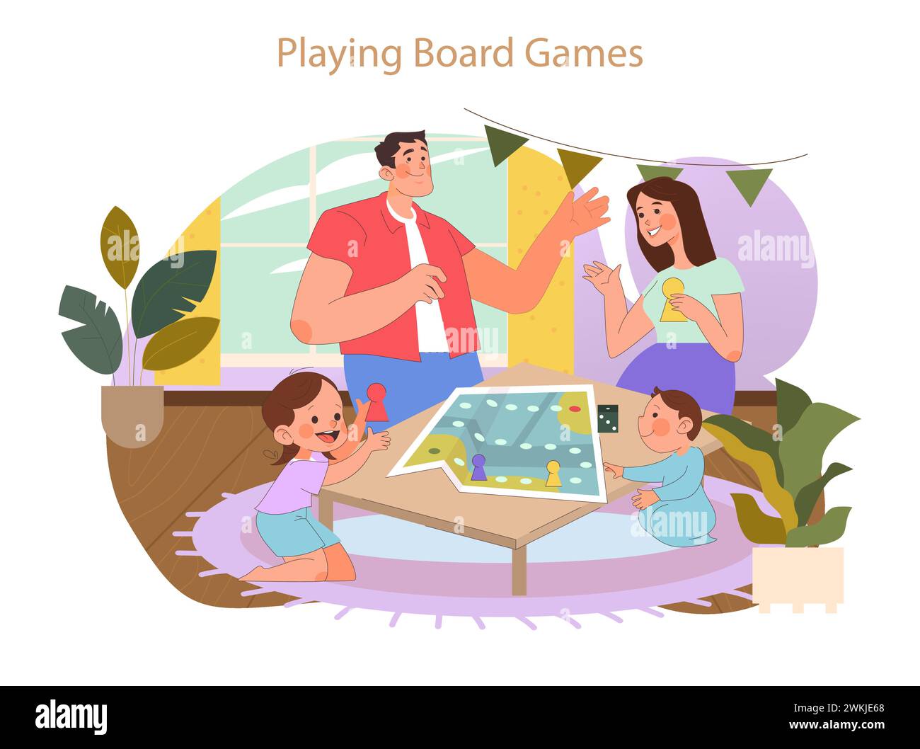 Familienhobbys-Konzept. Fröhliche Interaktion mit Brettspielen, strategisches Denken und familiäre Bindung zu Hause fördern. Stock Vektor