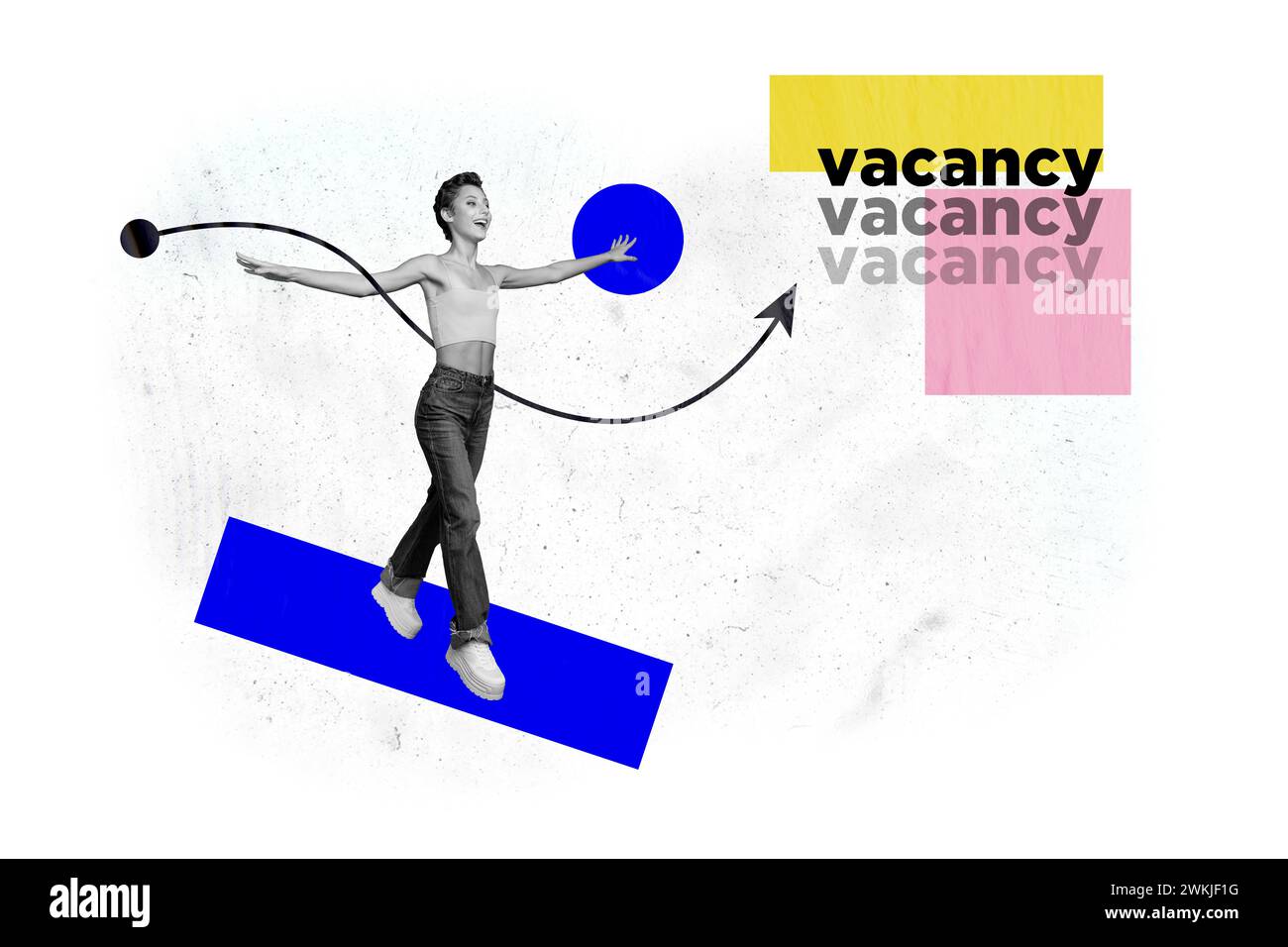 Composite Graphics Collage Bild des jungen glücklichen Mädchens Bewegung Balance Traum Job Gelegenheit Vakanz Beruf isoliert auf weißem Hintergrund Stockfoto