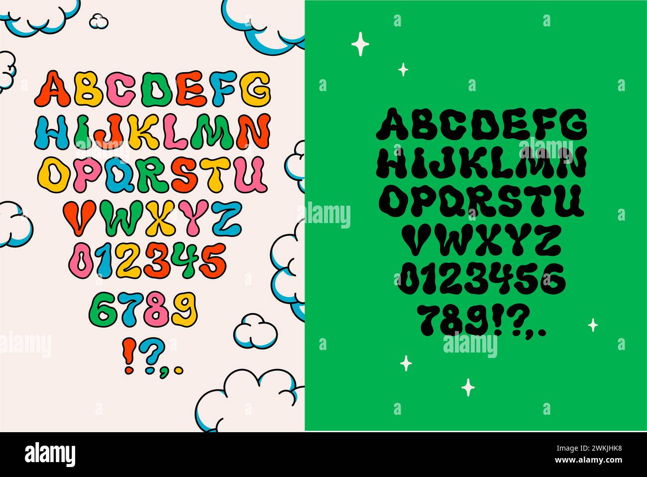 Groovy-Stil-Vektorschriftart. Flüssiges Hippie-Alphabet aus den 70er Jahren Stock Vektor