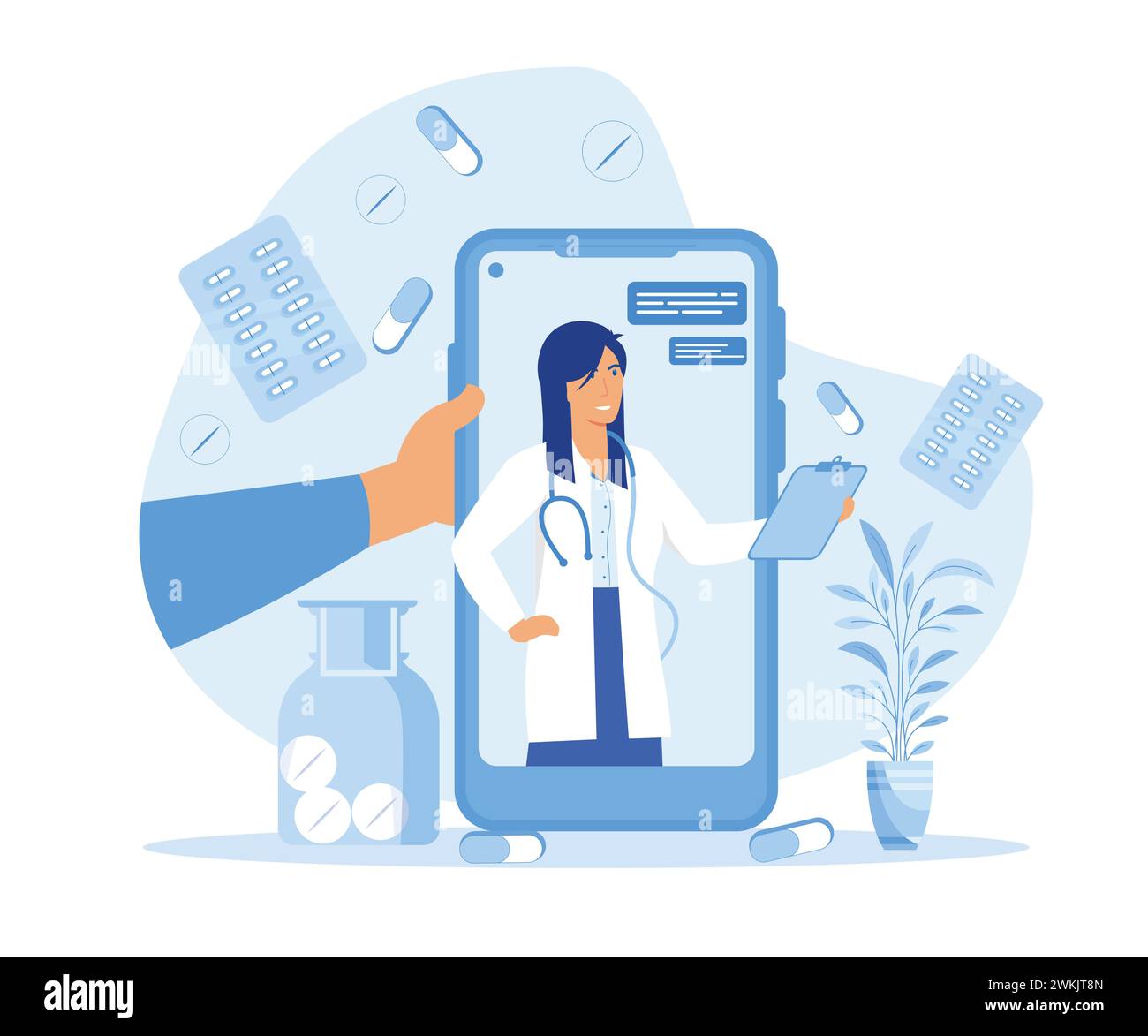 Online-Medizin und Gesundheitswesen, Arztkonsultationen und Behandlung mit einem Smartphone, internetvernetztes Krankenhaus. Moderne Illustration des flachen Vektors Stock Vektor