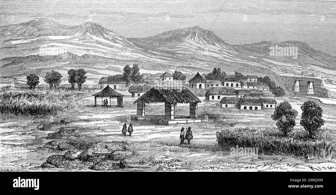 Frühe Ansicht von Oropesa, Provinz Quispicanchi, Region Cusco oder Cuzco, Peru. Vintage oder historische Gravur oder Illustration 1863 Stockfoto