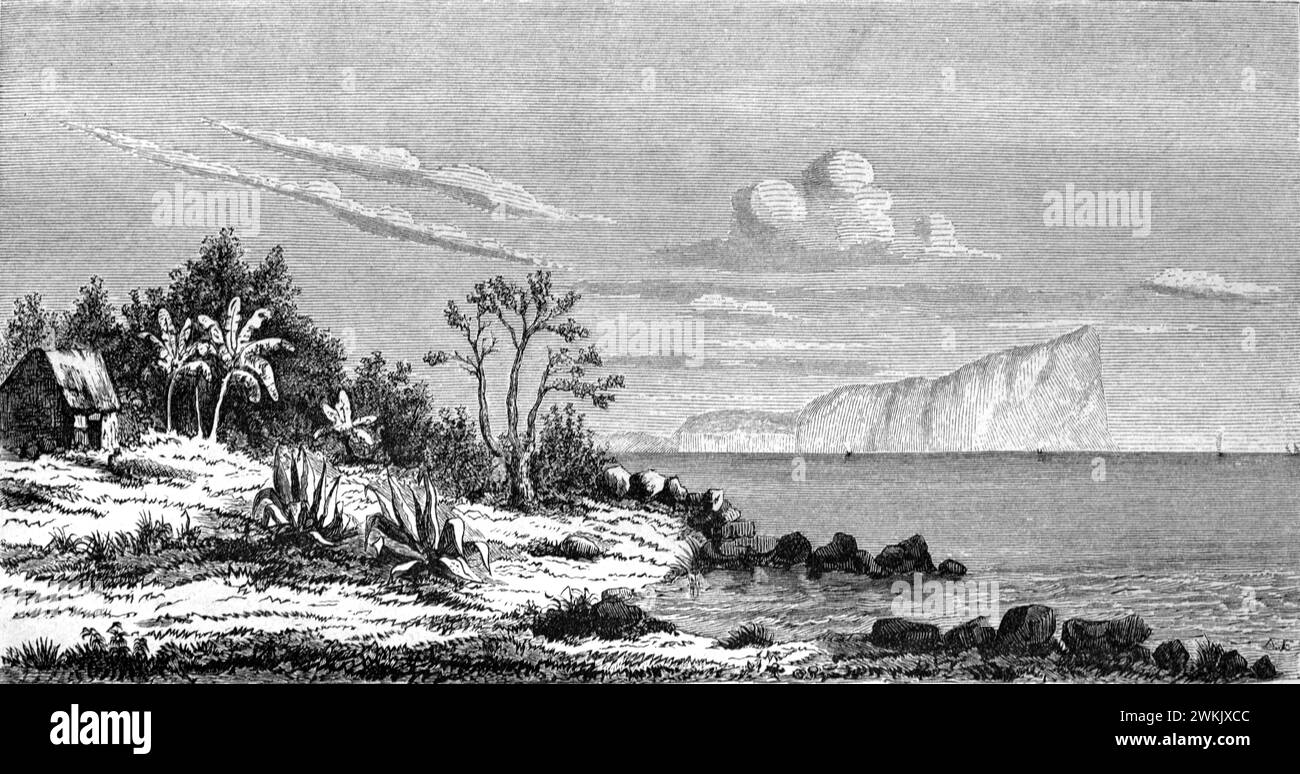 Frühe Aussicht auf die Grand Mapou Bay und die Küste oder die Küste des nördlichen Mauritius. Vintage oder historische Illustration oder Gravur 1863 Stockfoto