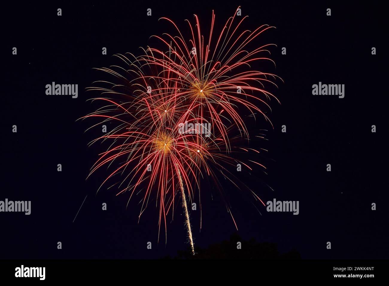 Leuchtendes Feuerwerk bei Nacht mit roten und gelben Explosionen Stockfoto