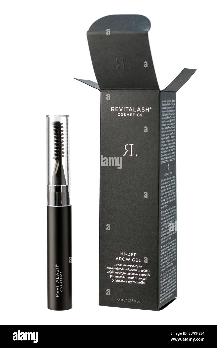 7,4 ML DUNKELBRAUNES REVITALASH HI-DEF BROW GEL UND BOX Stockfoto