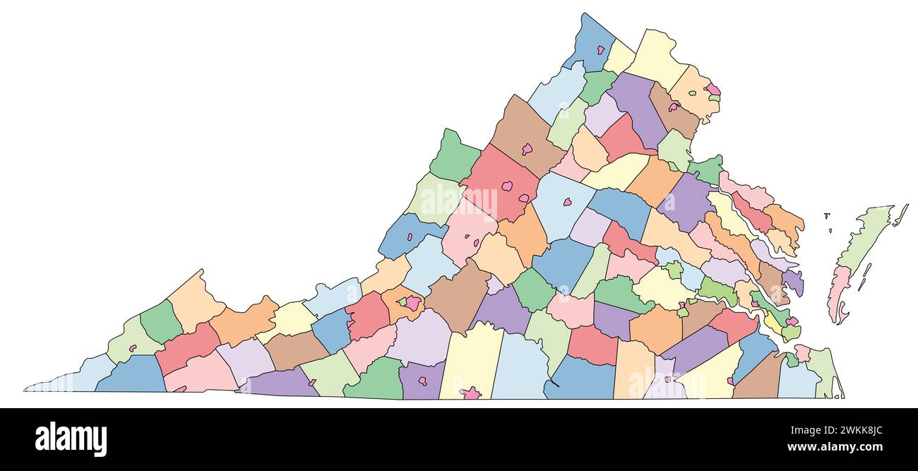 Editierbare Vektordatei der Countys, aus denen der Staat Virginia besteht Stock Vektor