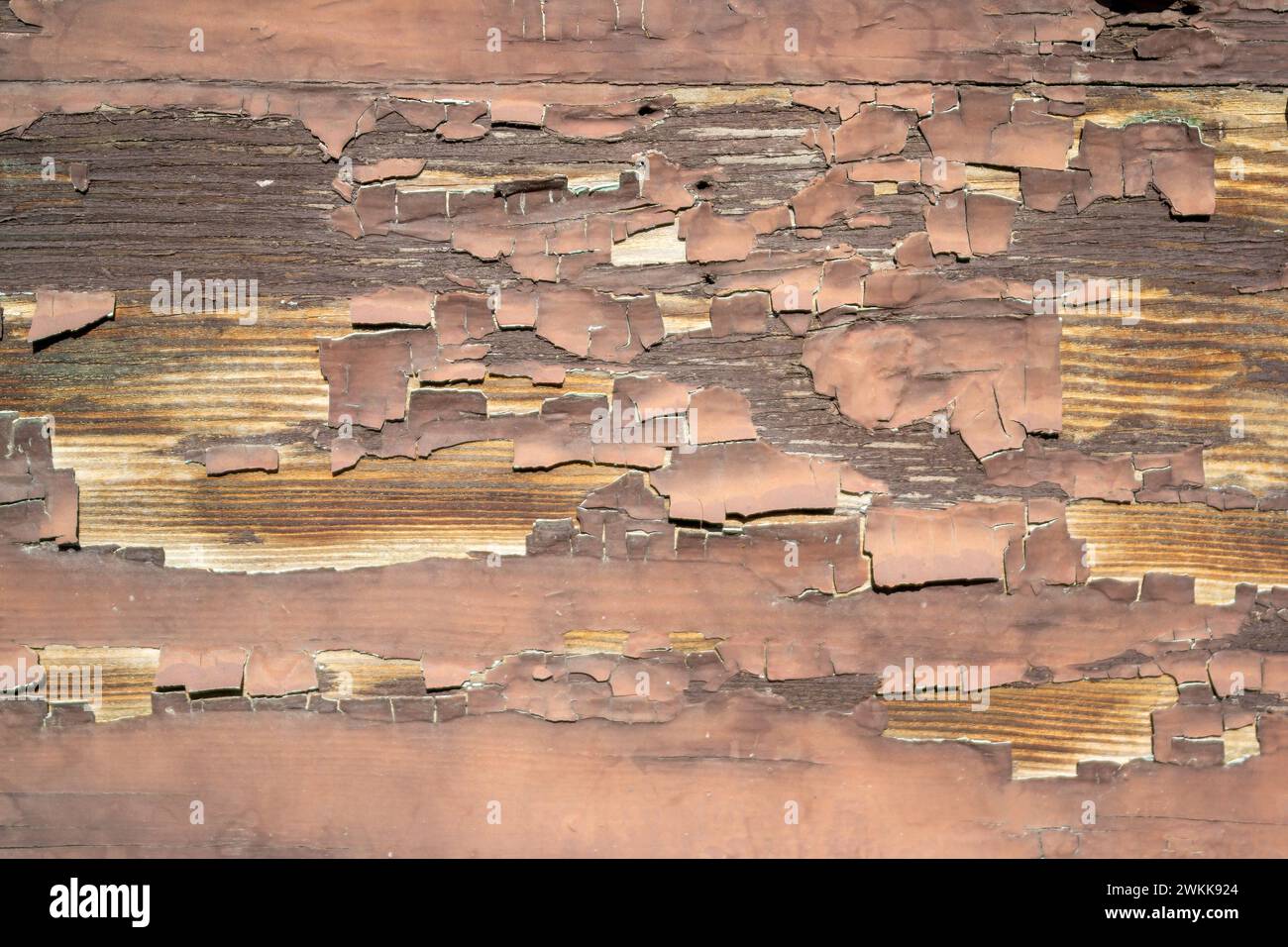 Verwitterte abblätternde braune Farbe an einer Holzwand Stockfoto