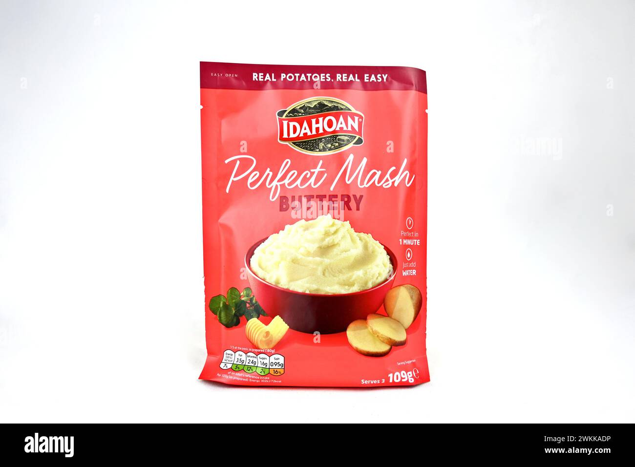 Idahoan Perfect Butterbrei Potatoes – Wales, Vereinigtes Königreich – 19. Februar 2024 Stockfoto