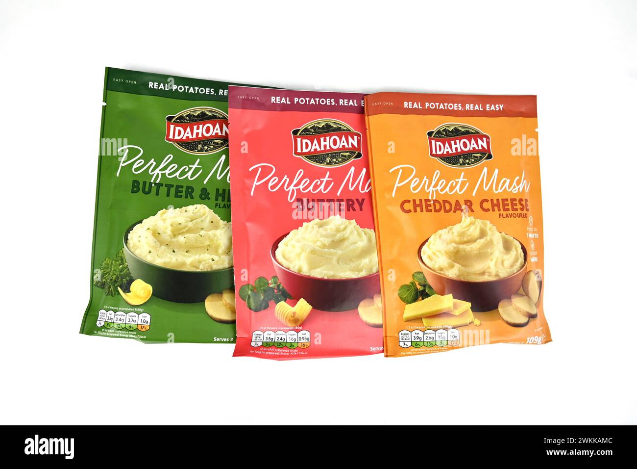 Idahoan Perfect Breash Potatoes Packets – Wales, Vereinigtes Königreich – 19. Februar 2024 Stockfoto