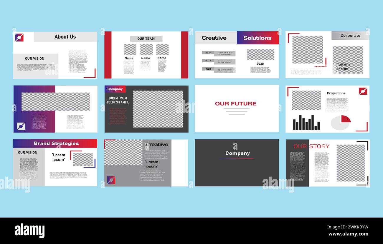 Satz von Präsentationsvorlagen in 1280 x 720. Editierbar für Jahresberichte digitales Marketing. Stock Vektor