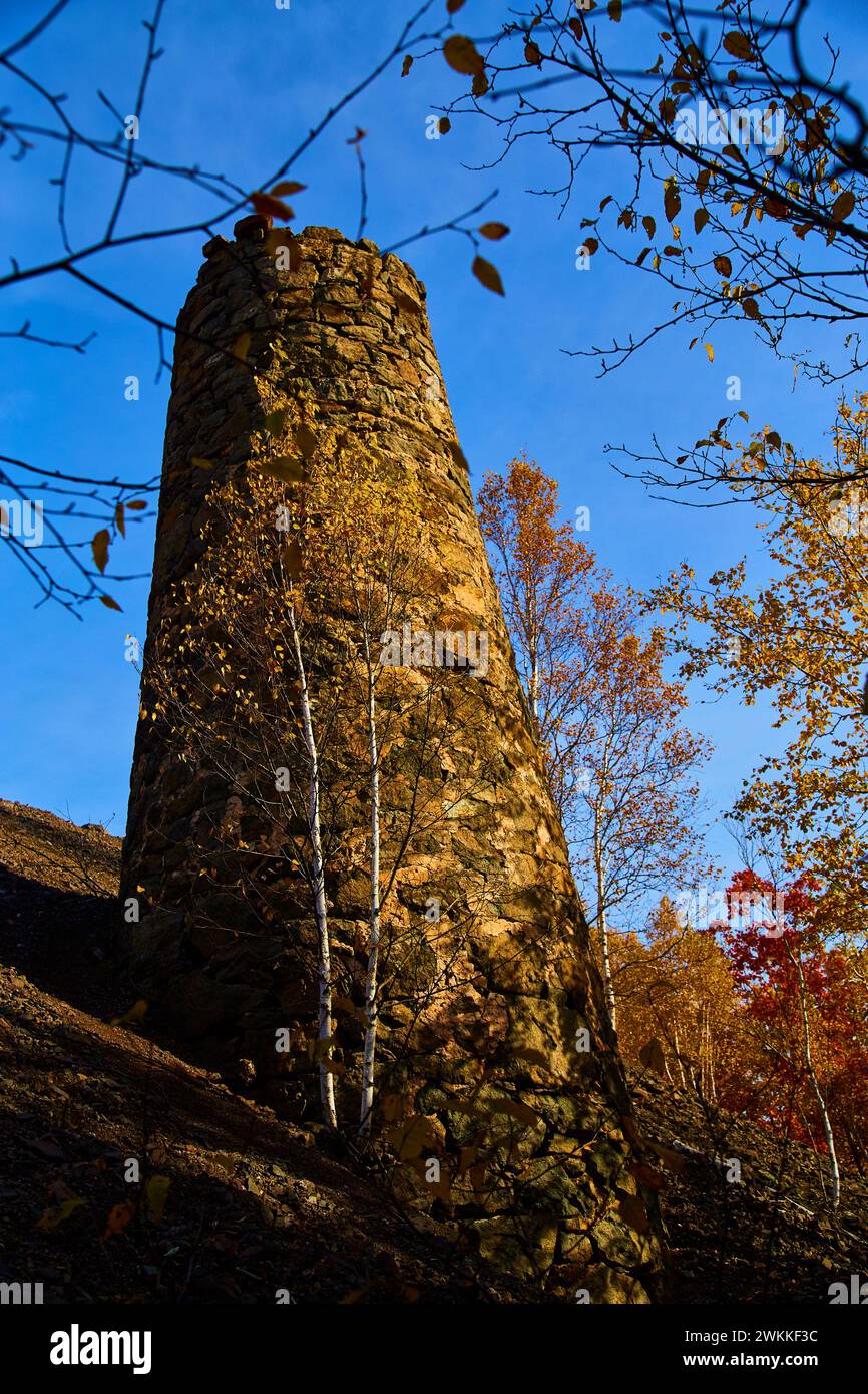 Herbstlicher Steinkamin und Wald in Michigan - Low Angle View Stockfoto