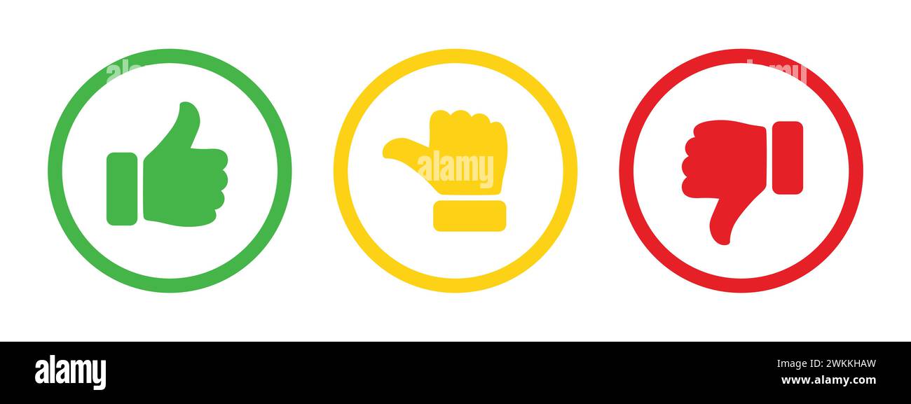 Gefällt mir nicht und neutrale Daumensymbole in grüner, gelber und roter Umrandung. Feedback und Bewertung Daumen hoch und Daumen runter flache Symbolgruppe isoliert. Stock Vektor
