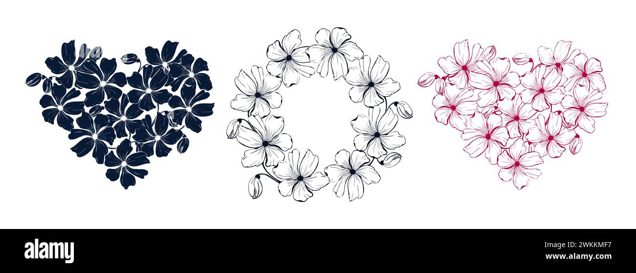 Strichkunst, Silhouette Mohnblumen Herzen und Kranz Hintergrund, handgezeichnete florale Elemente für Valentinstag. Vektorabbildungen für Karte oder Invi Stock Vektor