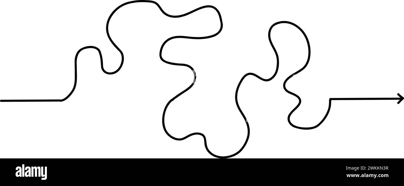 Pfeil mit chaotischer Linie. Doodle Chaos einfaches gezeichnetes Symbol, verwirrte, unordentliche Knoten, gekritzelte Linie. Vektor isoliert. Verwickelte Drähte, komplizierte Gedanken Stock Vektor