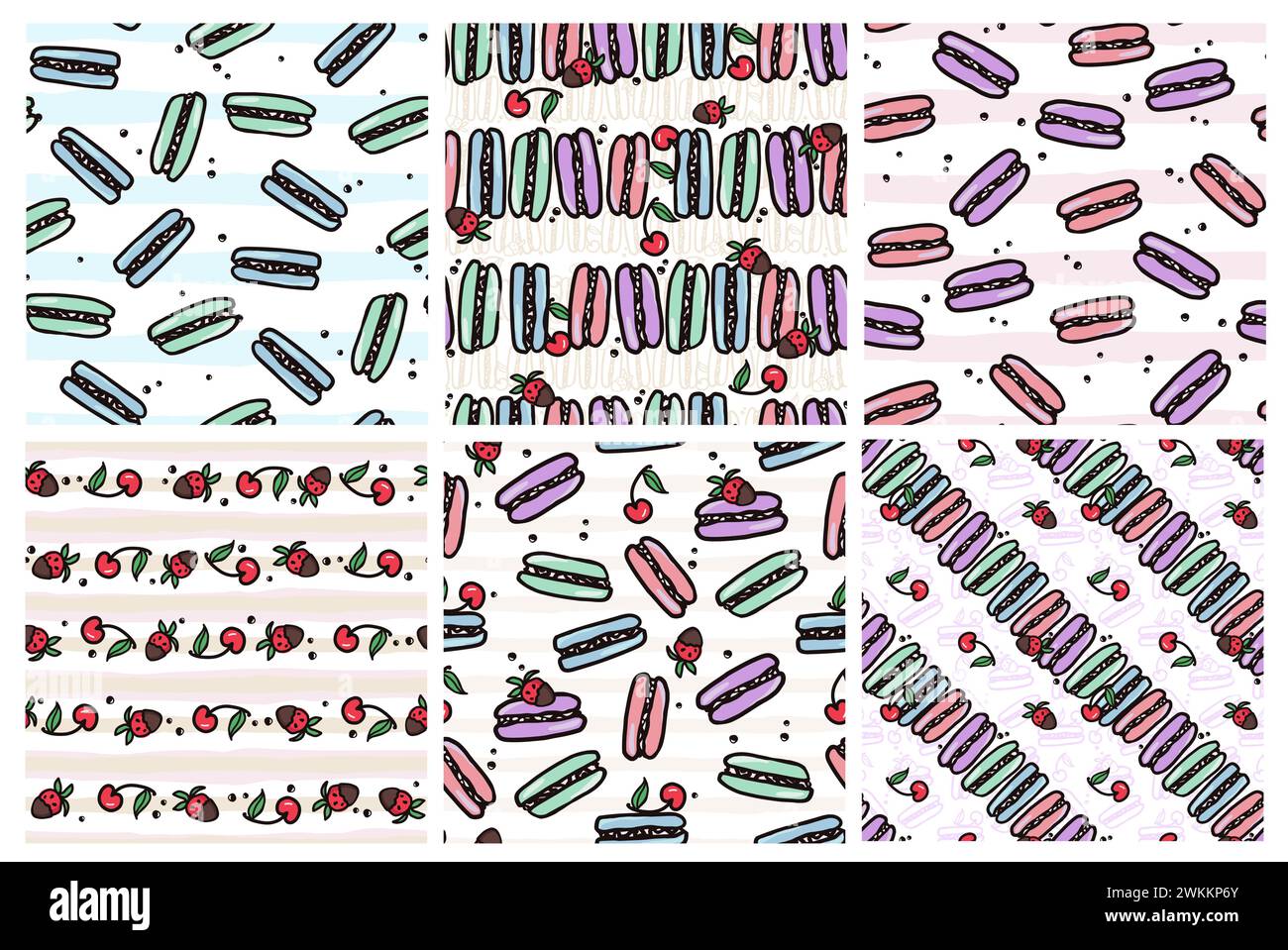 Makronen- und Sommerfrüchte-nahtloses Muster mit süßem Dessert. Hand gezeichneter bunter Kuchen Vektor-Illustration Hintergrund für Oberflächendesign, tex Stock Vektor
