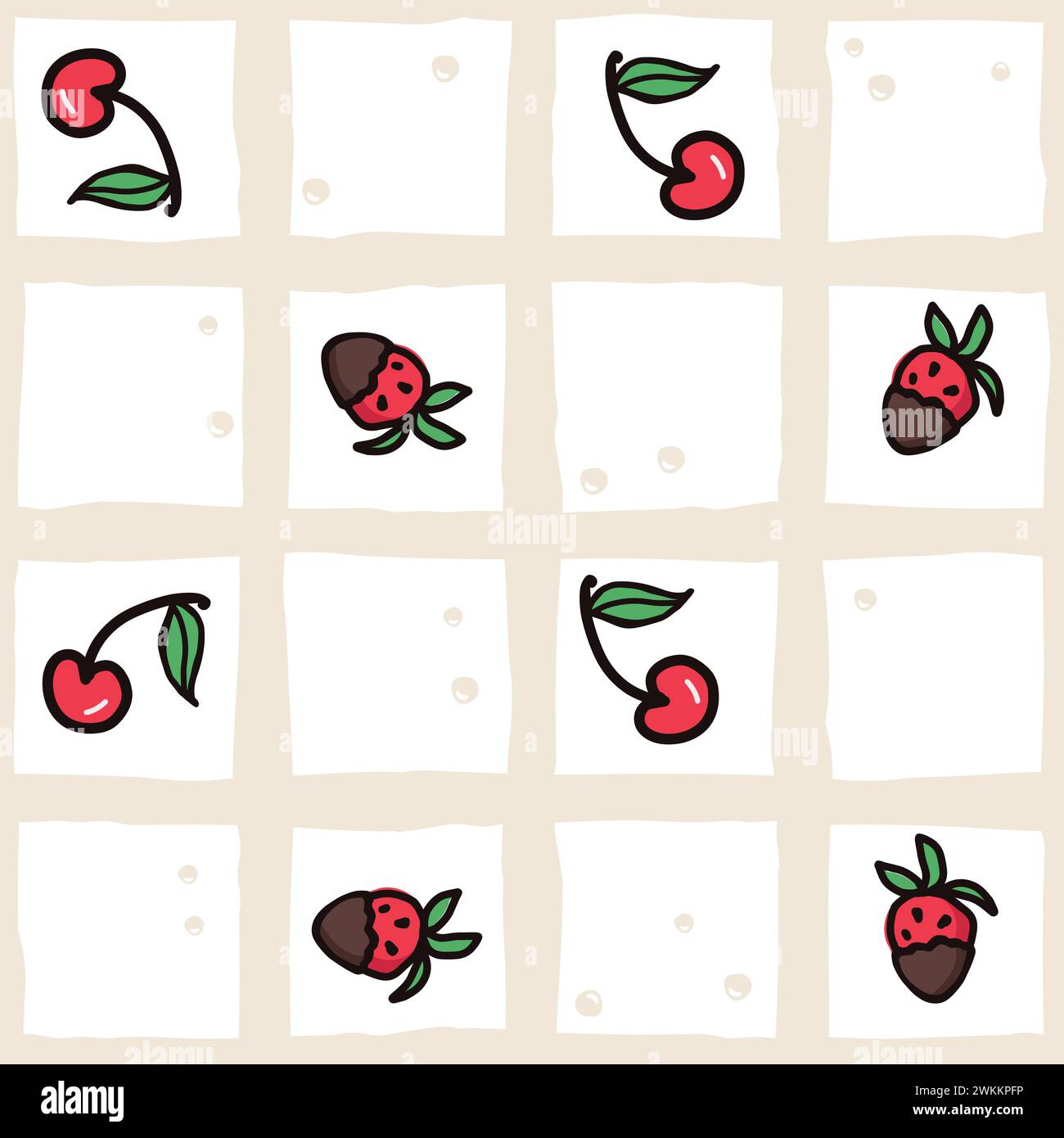 Nahtloses Muster von Kirsch- und Erdbeerfrüchten. Sommerbeeren, Früchte mit Blättern, Vektor-Hintergrund. Handgezeichnete Doodle-Illustration für Abdeckung, Stoff, Stock Vektor
