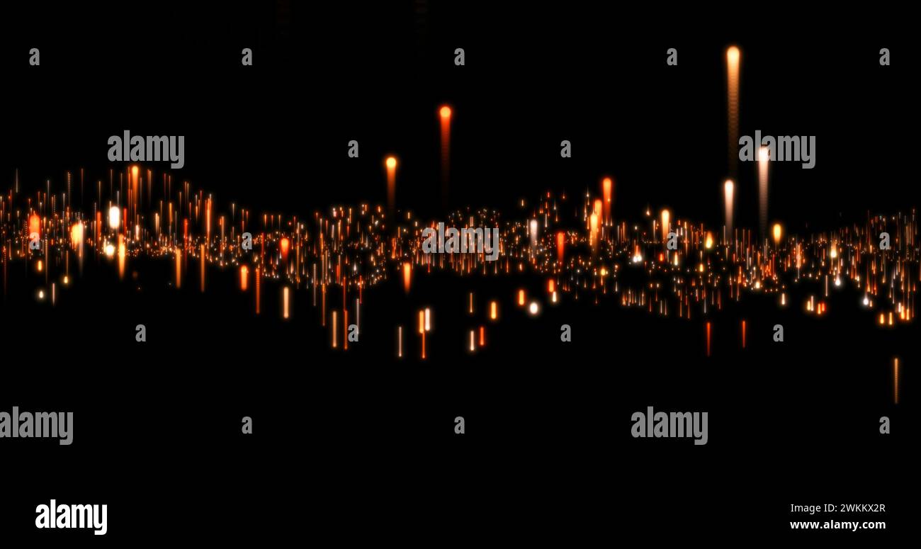 Abstraktes wellenförmiges Feld mit orangen Säulen, die auf schwarzem Hintergrund aufwachsen. 3D-Rendering. Stockfoto