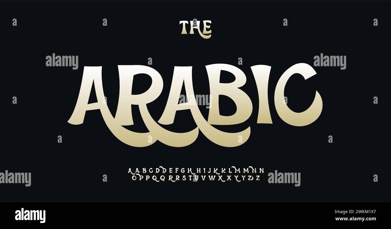 Skurriles Zeichentrickalphabet, opulente arabische Kalligrafie, goldene Swash-Buchstaben, schicker Comic-Typ für bezaubernde Logos, fesselnde Überschriften, dekorativ Stock Vektor
