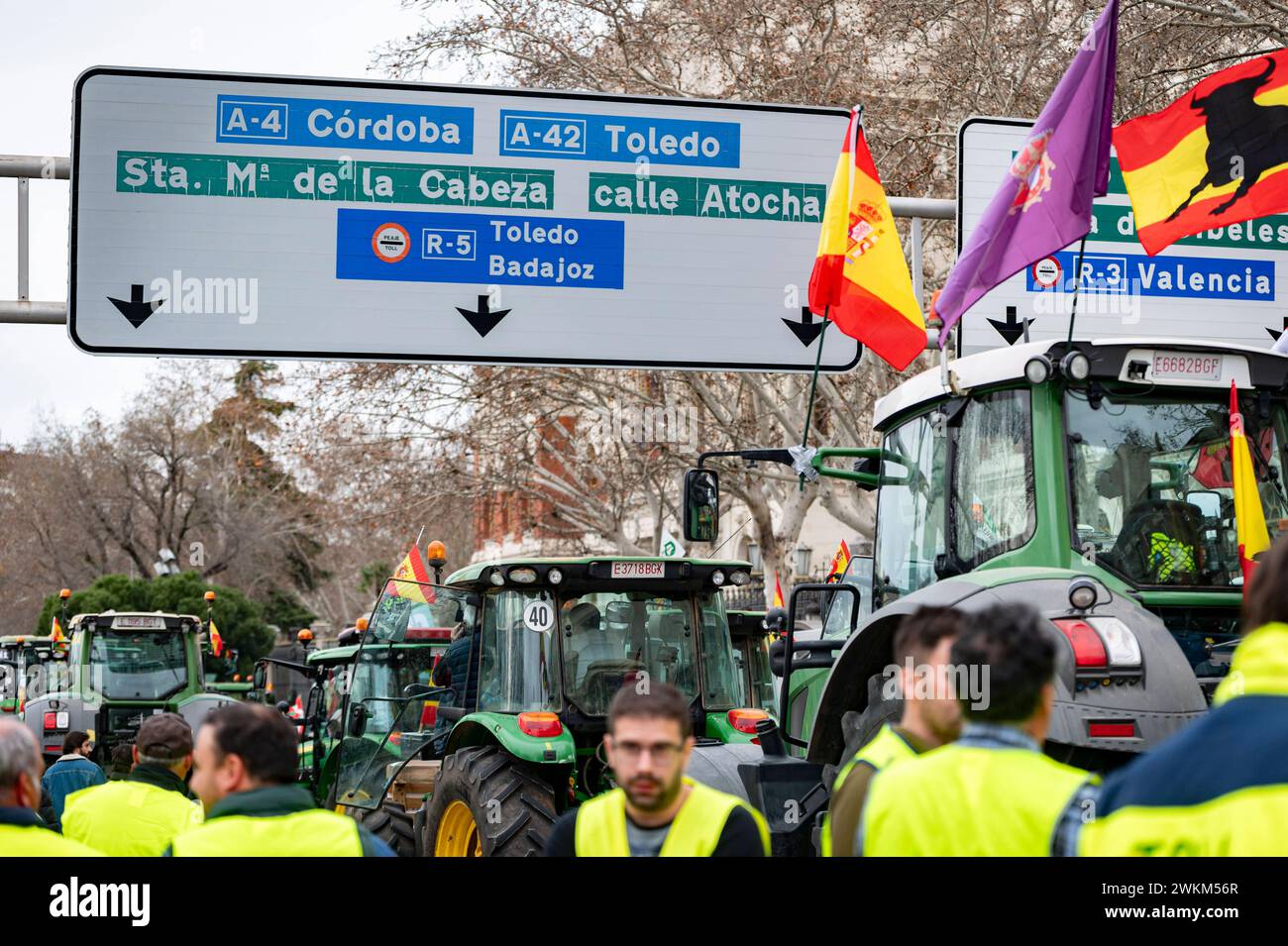 Demonstration spanischer Landwirte in Madrid einige Traktoren, die vor dem spanischen Landwirtschaftsministerium geparkt wurden während der Demonstration der Landwirte in Madrid der von spanischen Gewerkschaften organisierte Protest konzentriert sich auf die Bedenken wegen unlauteren Wettbewerbs mit Erzeugnissen aus Drittländern. Die Landwirte sind auch unglücklich über die mageren Gewinne aus ihren Kulturen und kritisieren die EU-Agrarpolitik. Madrid Puerta de Alcala Madrid Spanien Copyright: XAlbertoxGardinx AGardin 20240221 manifestacion tractores madrid 204 Stockfoto