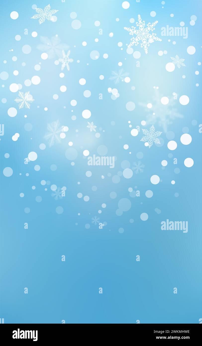 Winter Schnee Hintergrund. Weiße abstrakte Textur. Blauer Himmel mit fallendem Schnee, Schneeflocke. Fantazy Designvorlage. Hintergrund mit kalter Lichtlandschaft. Stockfoto