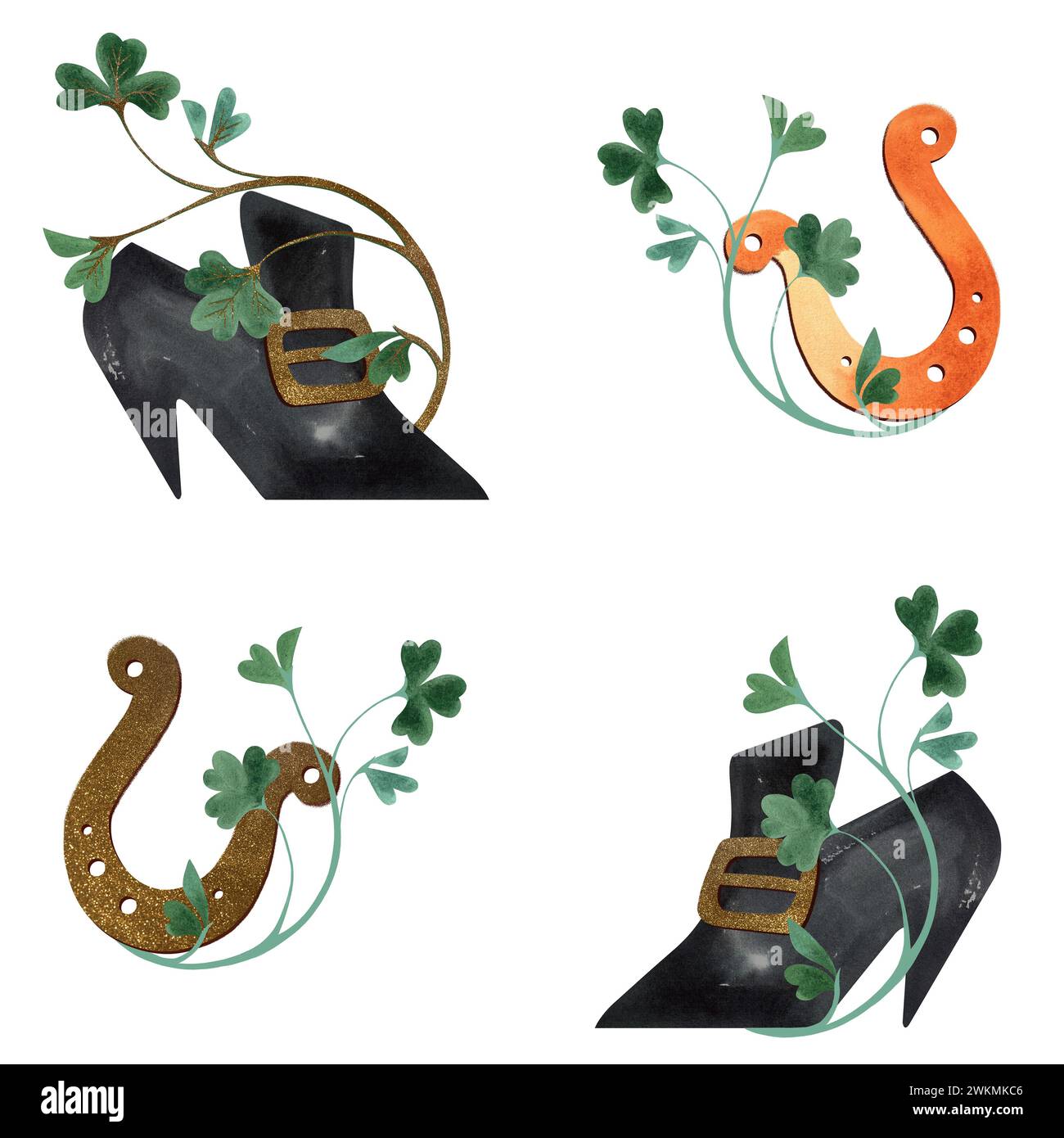 Satz von Illustrationen für St.. Patrick's Day. Kompositionen für Postkarten und irische Weihnachtsdekorationen. Isolierte Aquarellillustration auf weißem Hintergrund Stockfoto