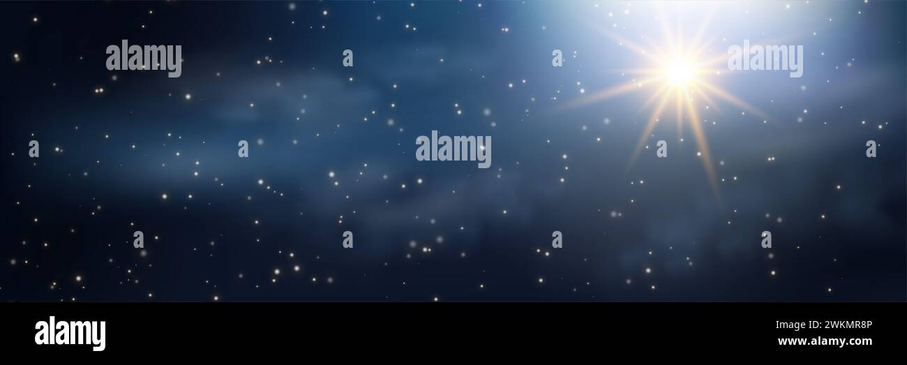 Magische Nacht dunkelblauer Himmel mit funkelnden Sternen Hochzeitseinladung. Goldener Glitzer-Puder-Spritzer-Hintergrund. Goldener Streustaub. Blau-weißes Bokeh Stockfoto