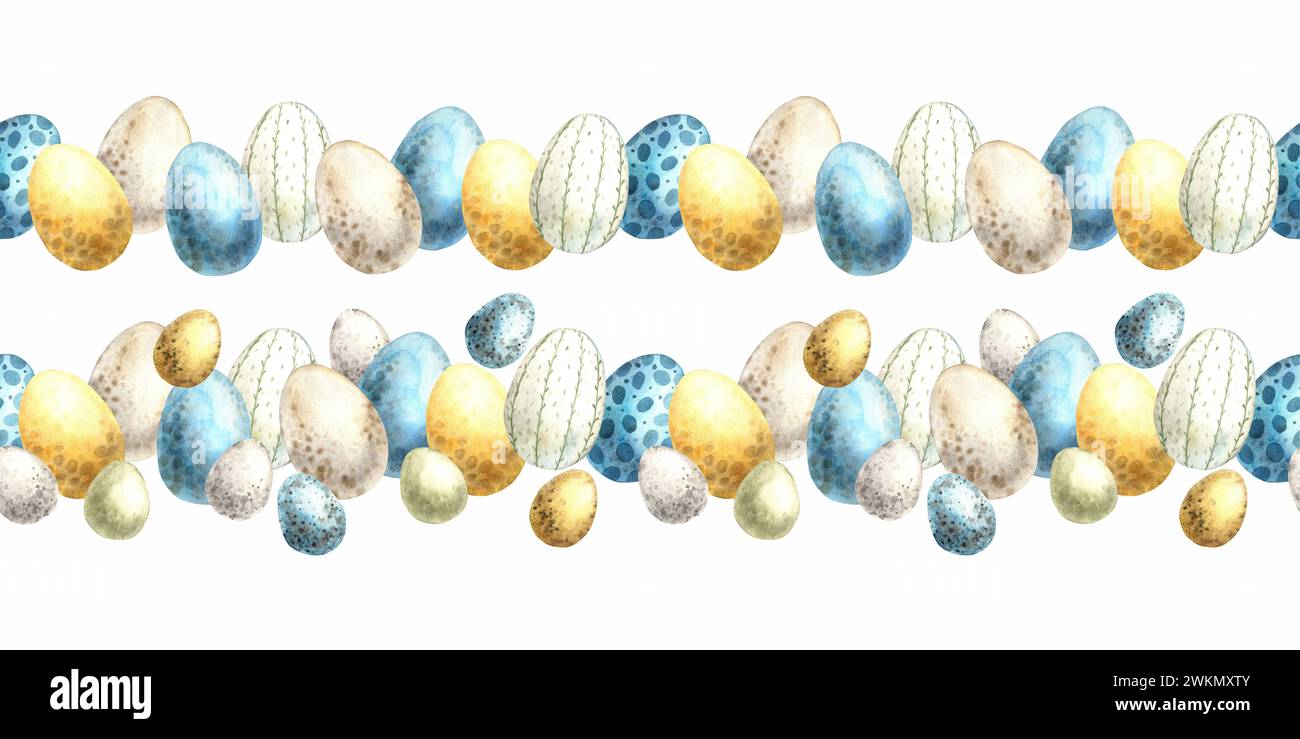 Aquarellfarben nahtlose Osterlinie (Rahmen) mit bunten Eiern. Handgezeichnete Illustrationen auf isoliertem Hintergrund für Grußkarten, Einladungen, glückliche Ferien Stockfoto