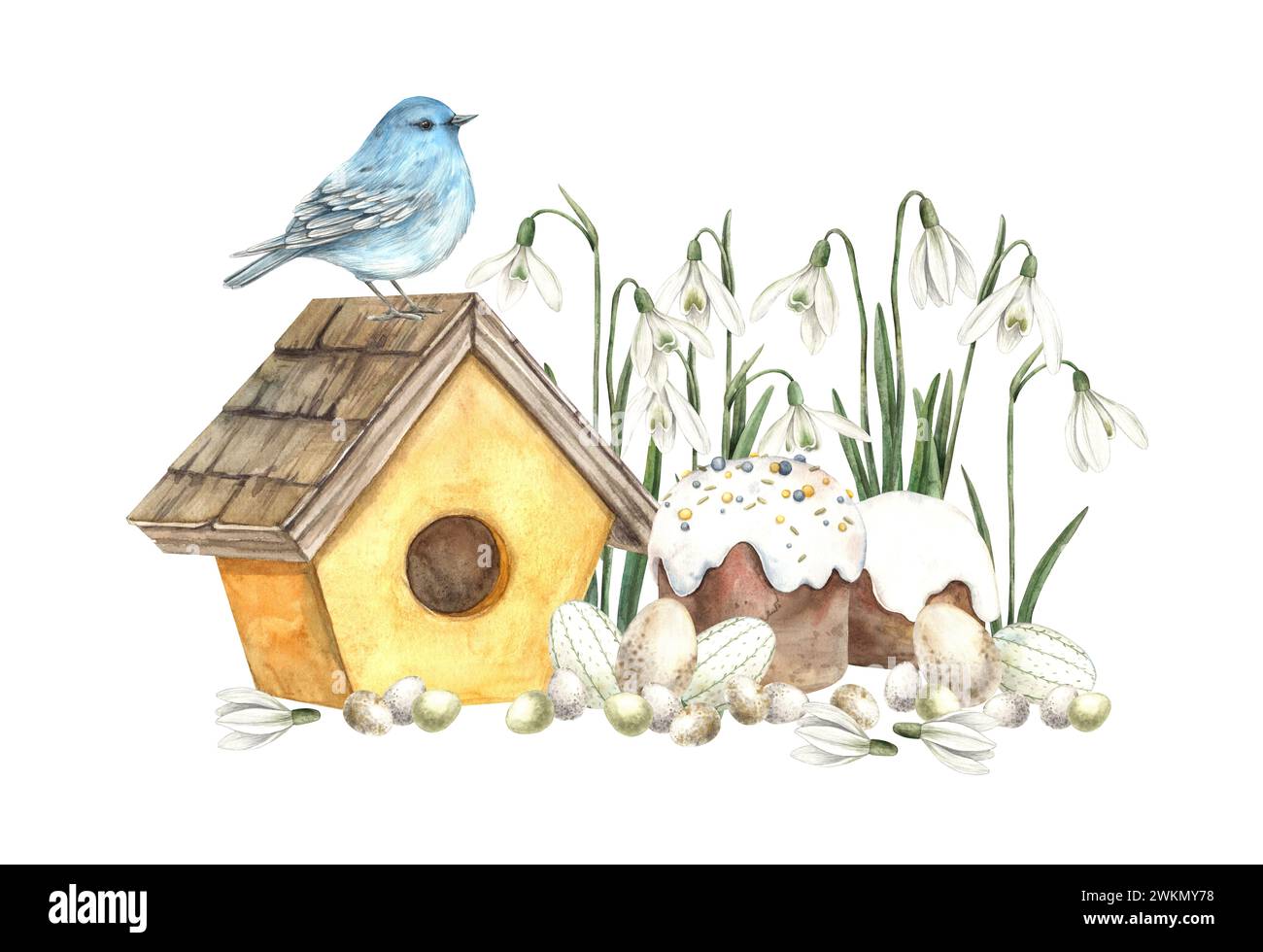 Aquarell Ostern Illustration mit blauem Vogel, gelbes Haus, Ostereier Osterkuchen und Schneeglöckchen. Illustration auf isoliertem Hintergrund für Stockfoto