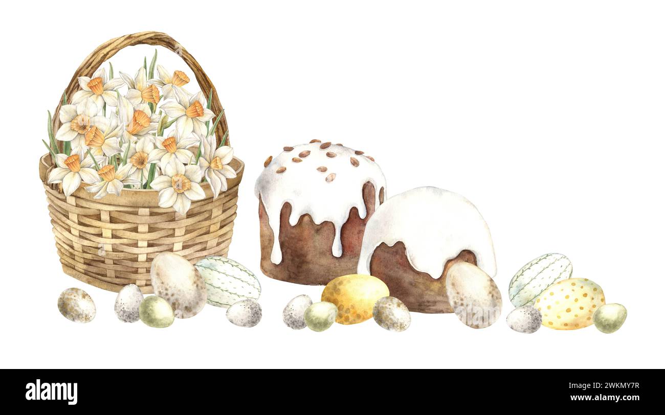 Aquarell Osterkomposition mit Korb, Narzissen, Osterkuchen und Eiern. Handgezeichnete Illustrationen auf isoliertem Hintergrund für Grußkarte Stockfoto