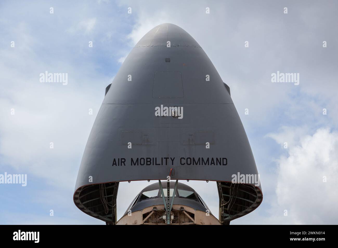 Die Nase eines Lockheed Martin C-5M Super Galaxy Militärtransportflugzeugs mit der 312. Airlift-Geschwader der United States Air Force Reserve, Stockfoto