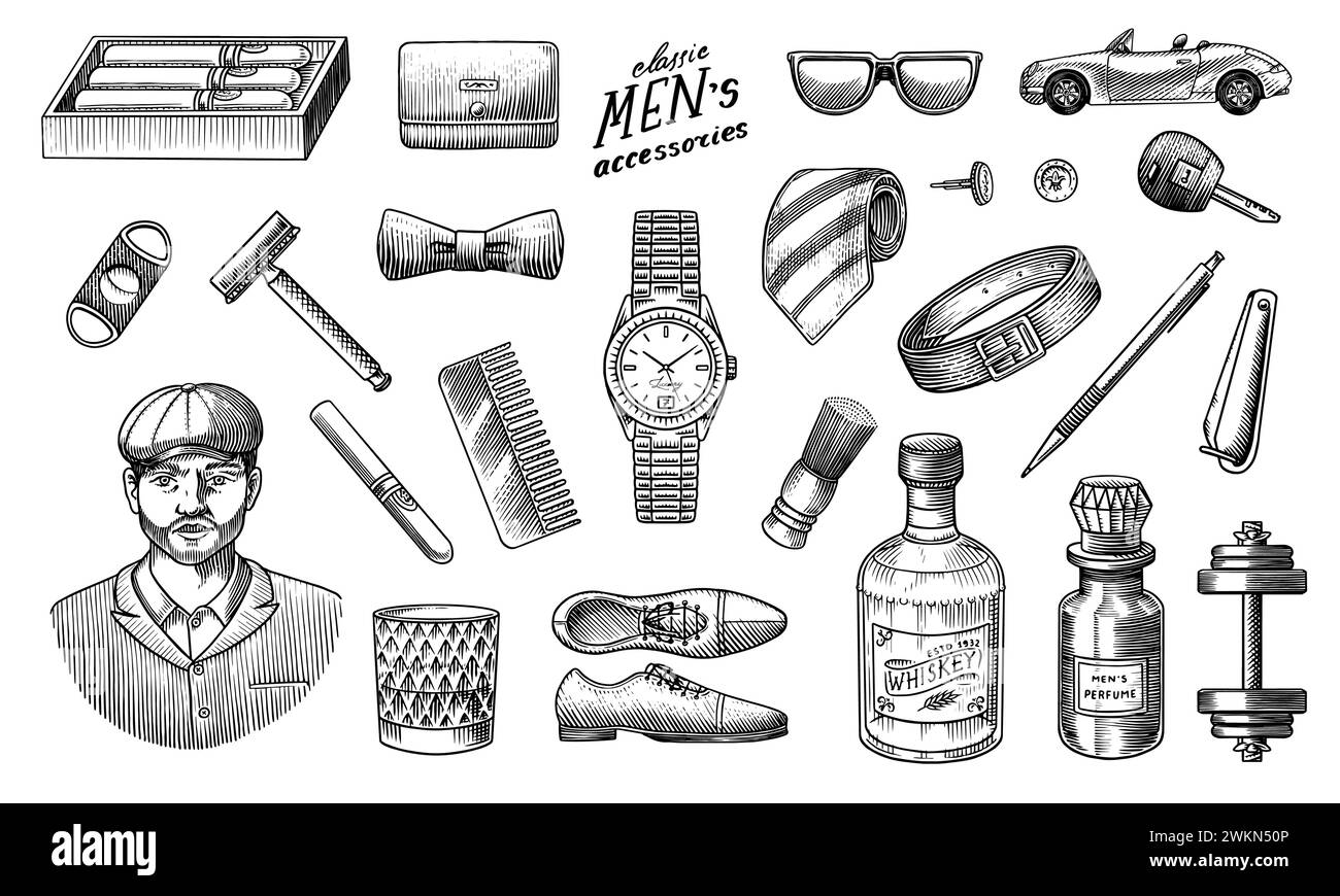 Ein Mann umgeben von Männeraccessoires. Gentleman, Hipster oder Geschäftsmann, viktorianische Ära. Uhren und Zigarren, Whiskey und Kleidung, Rasierer und Parfüm Stock Vektor