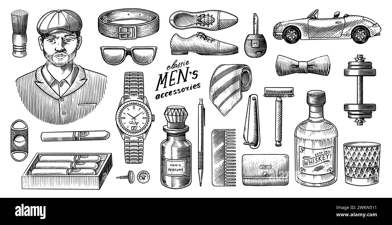 Ein Mann umgeben von Männeraccessoires. Gentleman, Hipster oder Geschäftsmann, viktorianische Ära. Uhren und Zigarren, Whiskey und Kleidung, Rasierer und Parfüm Stock Vektor
