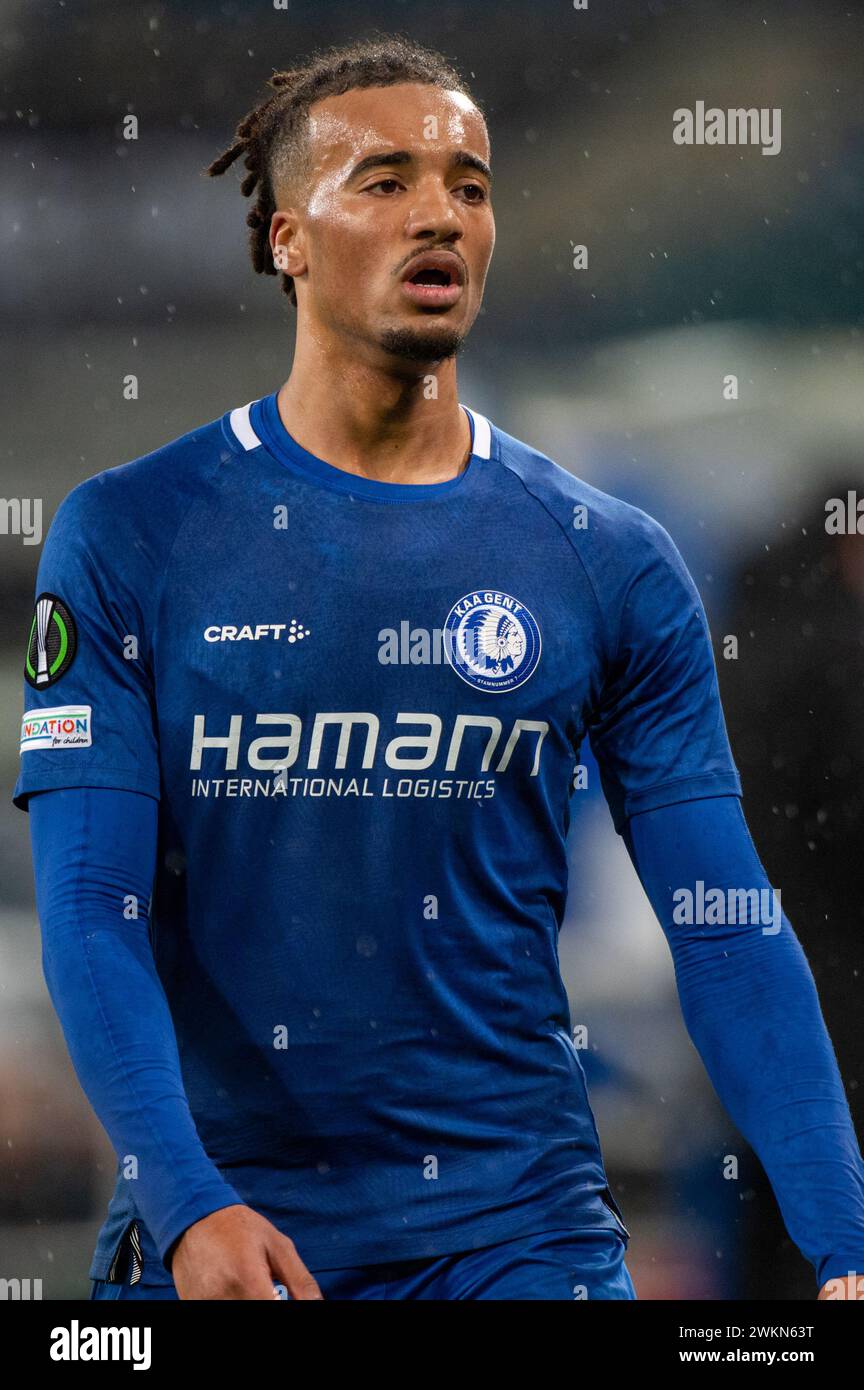 Gent, Belgien. Februar 2024. Archie Brown of Gent während der UEFA Europa Conference League, Play-off - 2. Legspiel zwischen KAA Gent und Maccabi Haifa in der KAA Gent Arena in Gent, Belgien am 21. Februar 2024 (Foto: Andrew SURMA/ Credit: SIPA USA/Alamy Live News Stockfoto