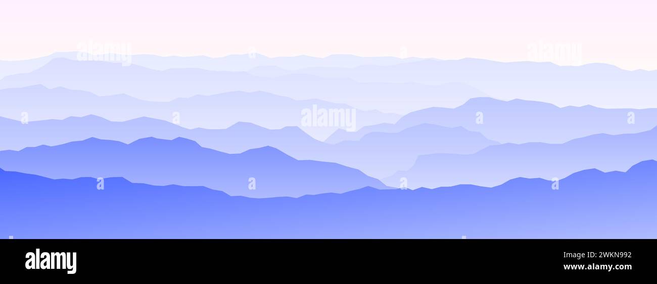 Bergwelt bei Sonnenuntergang oder Sonnenaufgang. Panoramablick am Vormittag. Bergkämme und Hügel im Hintergrund. Blaue und pinkfarbene Berggipfel mit Nebel, Nebel oder Dunst. Vektorabbildung Stock Vektor