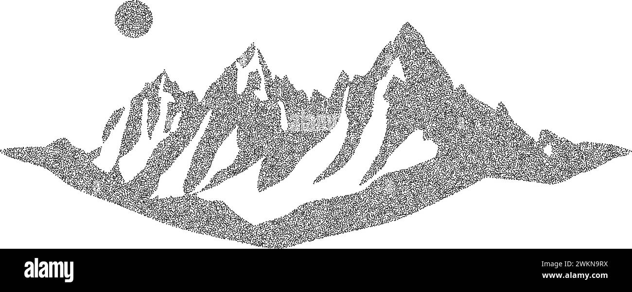 Die Grunge-Bergkette ist versteinert. Gepunktete Silhouette des Geländes. Schwarz-weiße, körnige Bergkette. Kornrauschen-Halterung übertrifft den Hintergrund. Tapete mit Ridge-Struktur. Vektorillustration für Punktdarstellung Stock Vektor