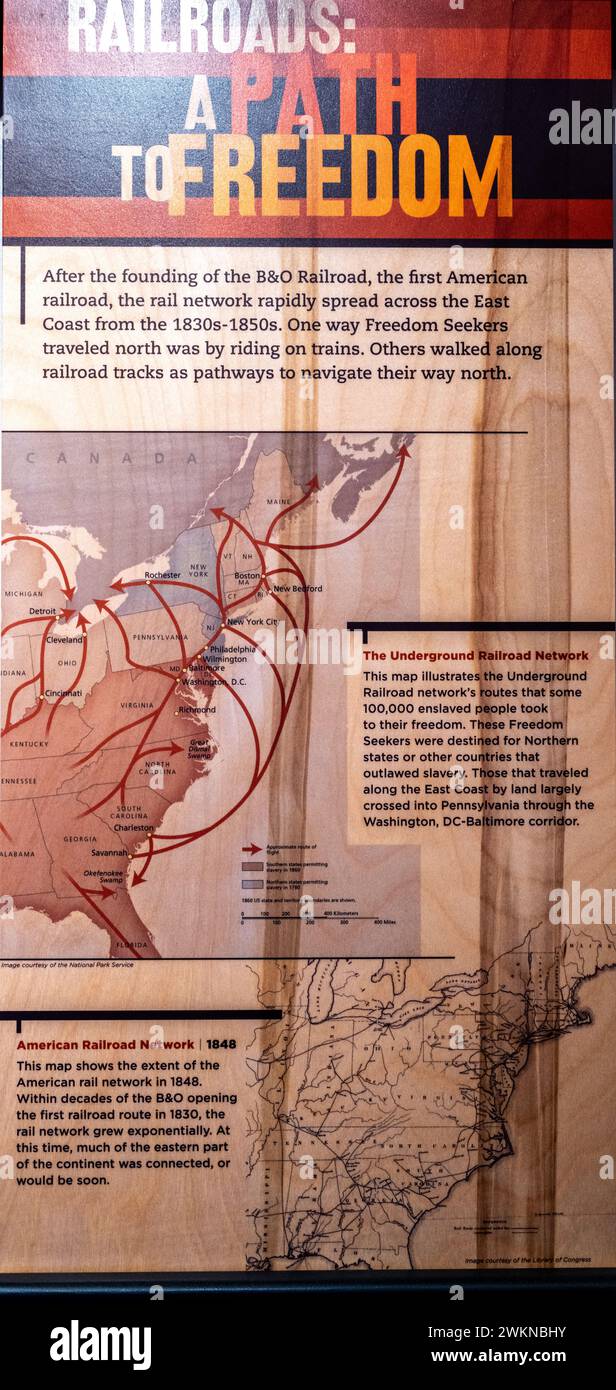 Karte mit dem Netz der Underground Railroad, das von entflohenen Sklaven genutzt wird, und der Nutzung des Systems der American Railroad, das zur Navigation nach Norden genutzt wurde Stockfoto