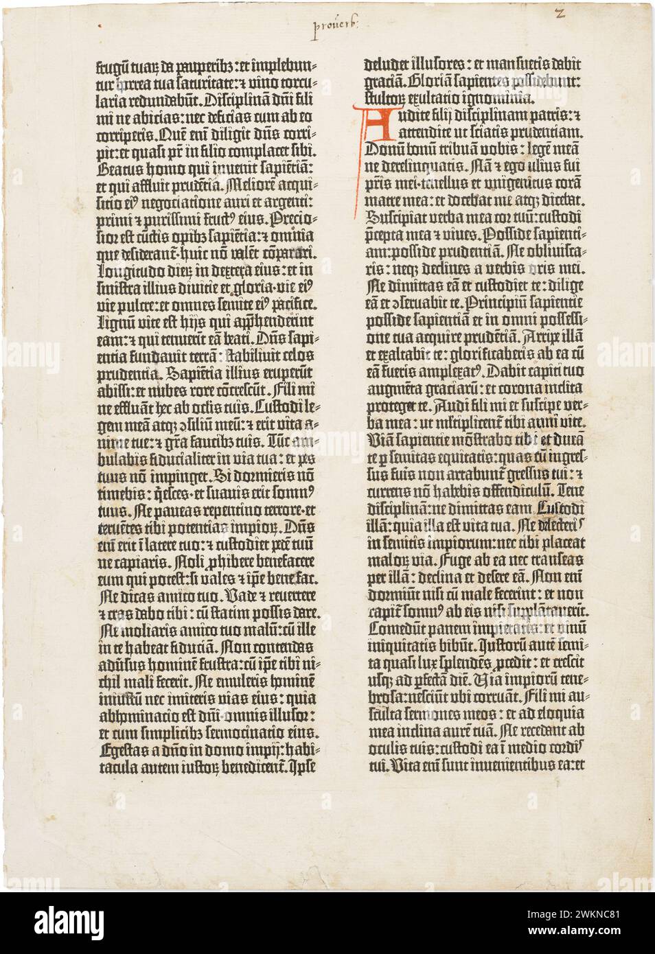 Blatt der Gutenberg-Bibel. Johannes Gutenberg c1455. Blatt aus Sprüchen, 3,9-6,16. Die andere Seite befindet sich auf Alamy Bild: Stockfoto